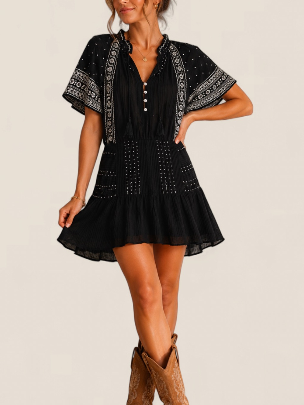 Veronica Beard Minos Embroidered Flutter Sleeve Mini Dress – Silk-Blend Boho 6